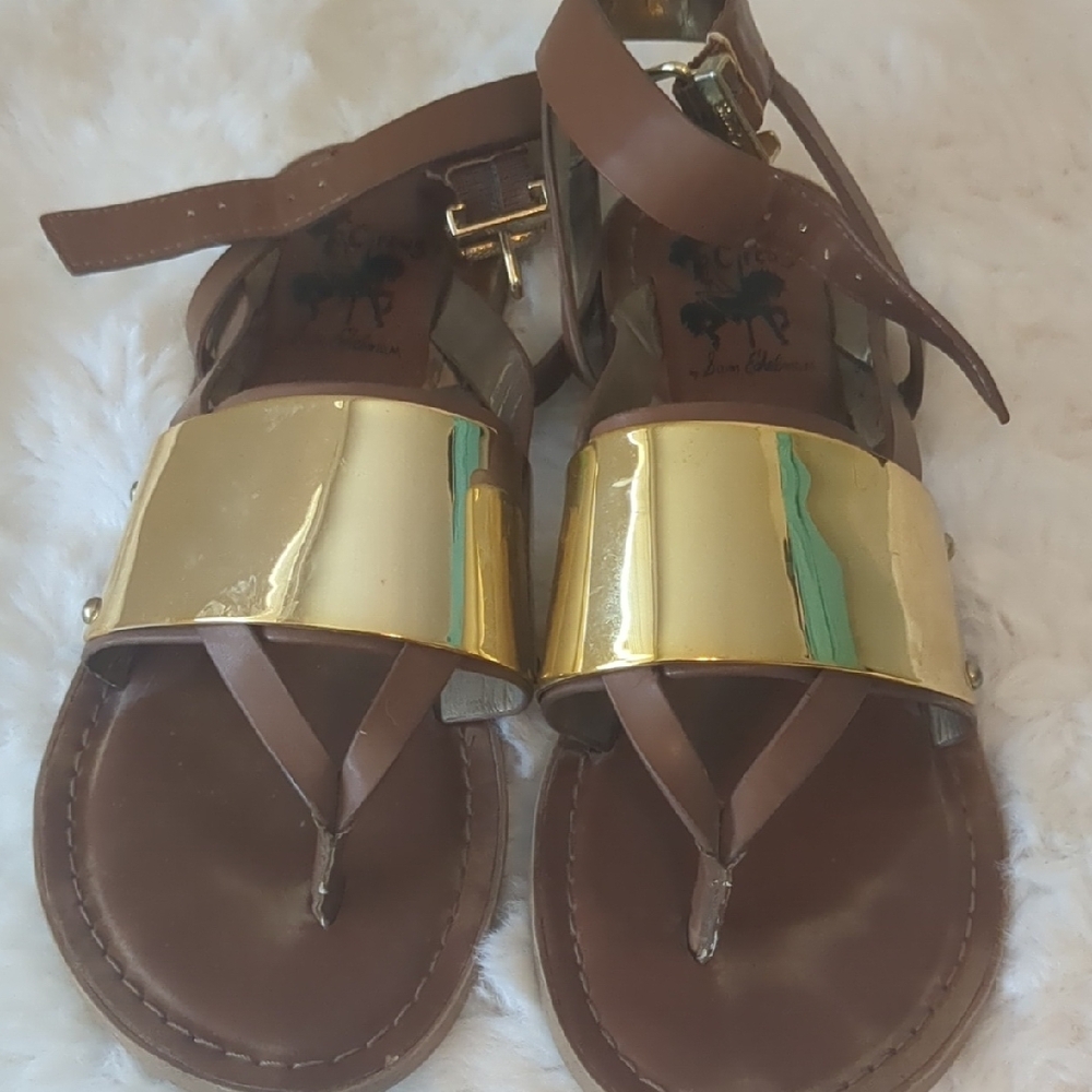 Circus by Sam Edelman Brown Leather Gold Strap Thong Sandals Ankle Gladiator Sz9